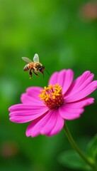 Close-up of a bee flying towards a vibrant pink flower on a lush green backdrop, pollination, flower