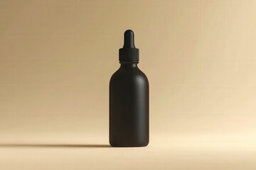 Black Dropper Bottle on Beige Background.