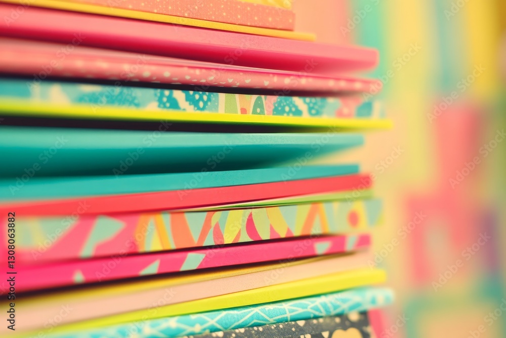 Poster colorful stacked notebooks in bright patterns and textures