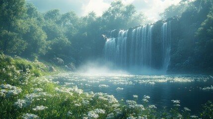 Misty waterfall cascades into pond, wildflowers bloom, forest backdrop