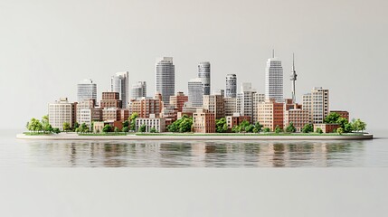 Cityscape island model, calm waters, urban planning, architectural design, presentation