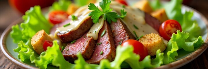 Close-up of a delicious Brutus salad with grilled beef, fresh lettuce, Parmesan cheese, croutons, and creamy Caesar dressing, beef, salad