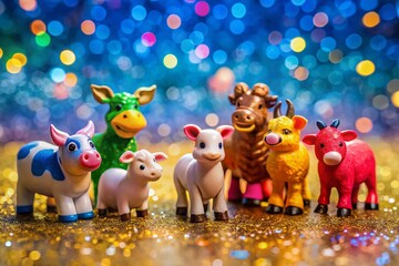 Fototapeta premium Colorful Farm Animal Figurines on Sparkling Glitter Background - Stock Photo