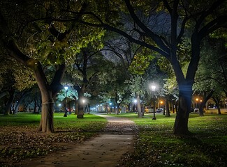 Obraz premium Photograph of a park at night, with trees and green grass