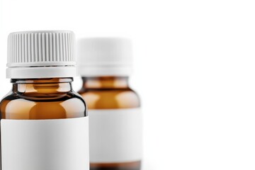 Amber Bottles for Blank Labels, White Background, Medicine.