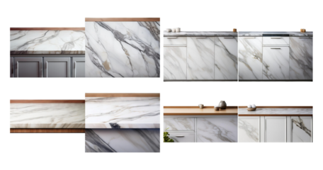 Elegant Marble Kitchen Countertops and Cabinets in Modern Design, PNG bundle collection, Isolated on Transparent Background