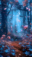 Magical forest path, glowing flowers, butterflies, fantasy background; ideal for games, websites