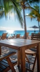 A rustic wooden table and matching chairs are set up on a sandy beach, surrounded by swaying palm trees. The sun casts a warm glow, creating a serene tropical atmosphere.