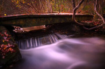 Four Ponds Conservation Area, Bourne Town Forest, Cape Cod, Massachusetts, USA: A tranquil hiking trail autumn landscape with footbridge and small waterfall