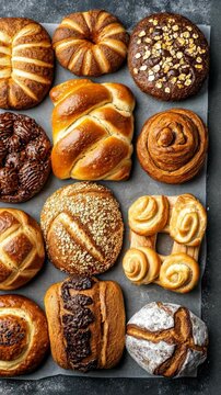 Baked goods assortment featuring various types of bread and pastries arranged on a dark background