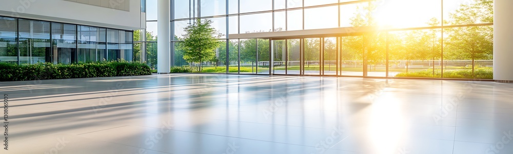 Poster bright and spacious interior with large windows and natural light illuminating the floor and greener
