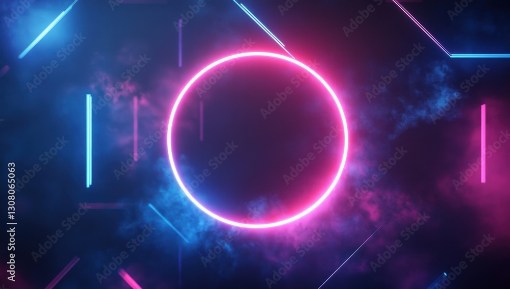 Poster abstract glowing neon circle surrounded by bright lines and colorful fog in a dark background for mo