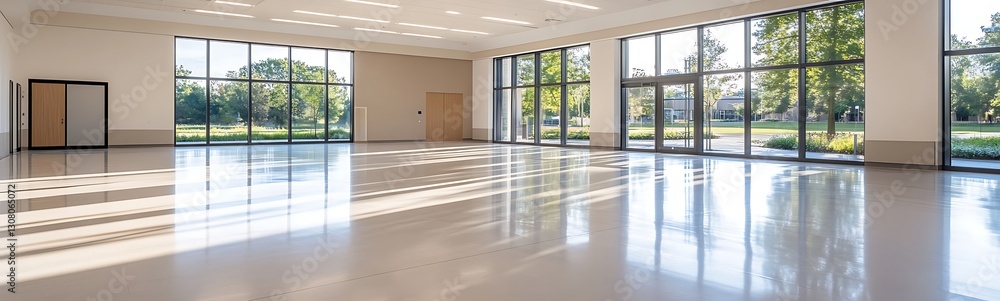 Poster spacious interior with large windows allowing natural light and views of greenery.