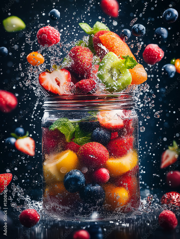 Poster refreshing fruit jar: a vibrant assortment of fresh fruits, elegantly arranged in a mason jar, burst