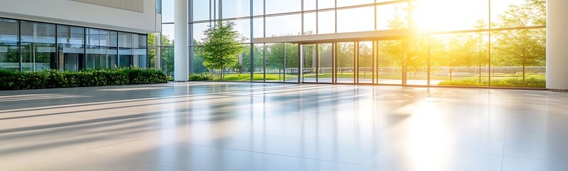 Fototapeta premium Bright and spacious interior with large windows and natural light illuminating the floor and greenery outside.