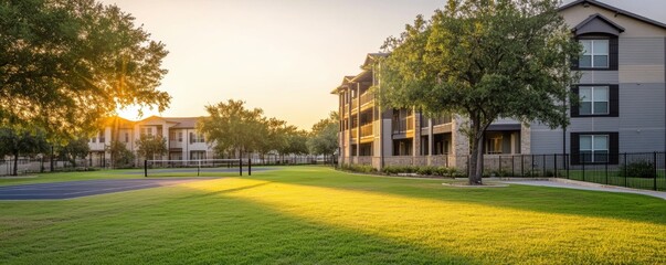 an apartment complex with lush green grass and trees There's a small tennis court visible on the left side The buildings have gray walls with black window frames Generative AI