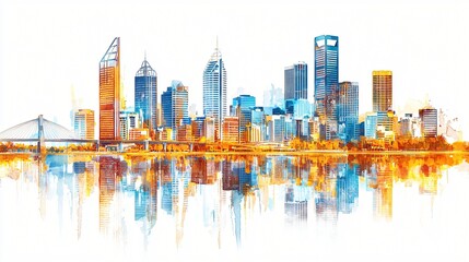 Cityscape watercolor painting, river reflection, urban background, travel poster