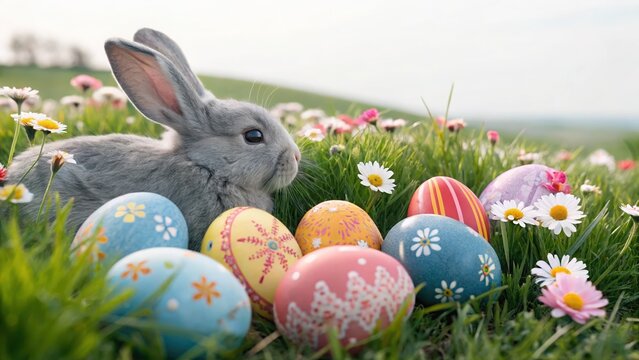 Gray Rabbit with Easter Eggs in Grass and Flowers - Powered by Adobe