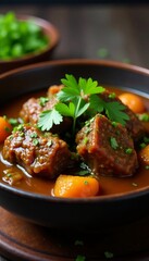 Fototapeta premium Close-up of a steaming bowl of South African oxtail stew garnished with fresh herbs, meal, homemade