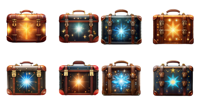 Vintage Luggage Collection with Sparkling Cosmic Effects and Colors, PNG bundle collection, Isolated on Transparent Background