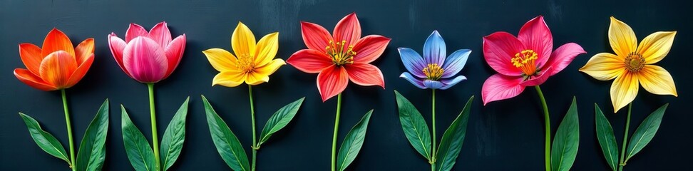 Naklejka premium Close-up of a variety of spring flowers drawn on a blackboard, detail, flowers