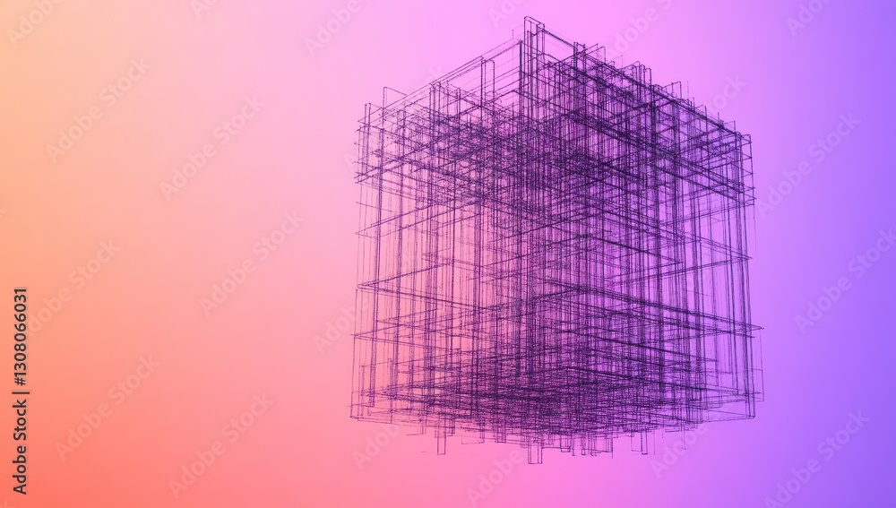 Poster abstract illustration of a three-dimensional wireframe cube on a gradient background showcasing vibr