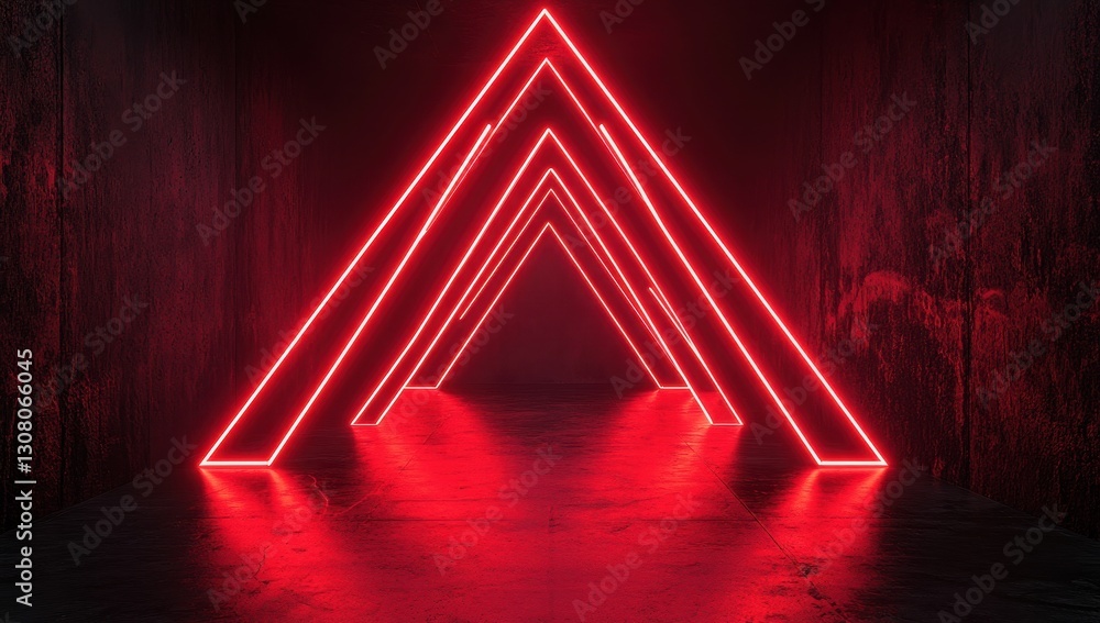 Poster abstract illuminated triangular shapes in glowing red light forming a tunnel effect in a dark enviro