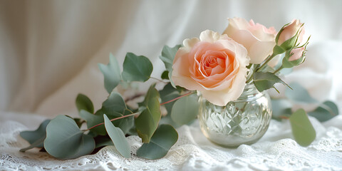 Delicate Pink Rose and Eucalyptus in Glass Vase on Lace Tablecloth
