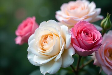 Close-up of beautiful white and pink roses in full bloom, spring, botanical