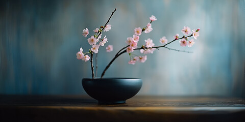 Minimalist Flower Arrangement with Cherry Blossom in Black Vase
