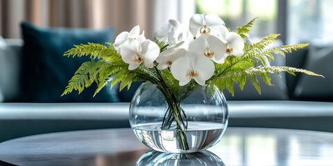 White Orchids and Ferns in Glass Vase on Coffee Table
