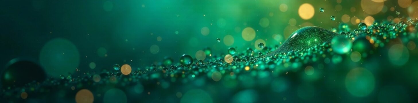 Partikel in Bewegung unter blauem Hintergrund mit gr&uuml;ner Einfassung und goldenen Reflexionen, farbliche, optische