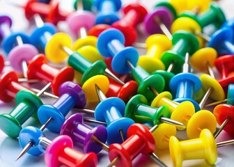 Colorful Push Pins on White Background - Minimalist Office Supplies Stock Photo