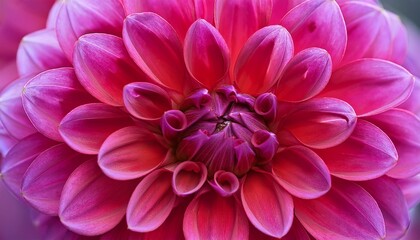 macro of a formal decorative type dahlia with blurred background color changing from ruby to magenta characterized by evenly placed flat tipped petals