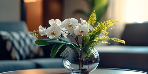 Vase with White Orchids and Ferns in Modern Living Room

