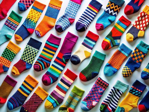 Colorful Socks Arranged Architecturally on White Background