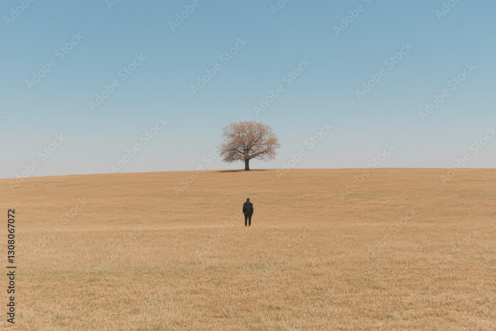 Poster a man is walking in a field with a tree in the background