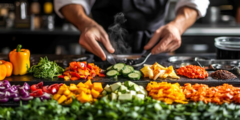 Chef Preparing a Colorful Salad in a Professional Kitchen
