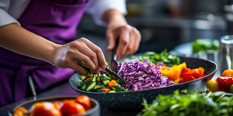Chef Preparing a Fresh Salad in a Professional Kitchen
