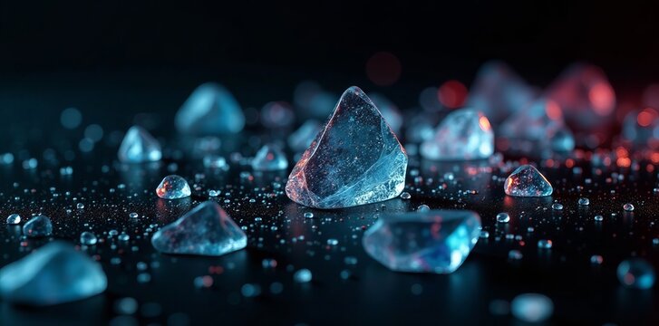 Close-up of broken glass pieces on black background, wrecked, chaos - Powered by Adobe