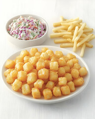 Crispy Potato Tots, French Fries, and Coleslaw: A Delicious Food Photograph