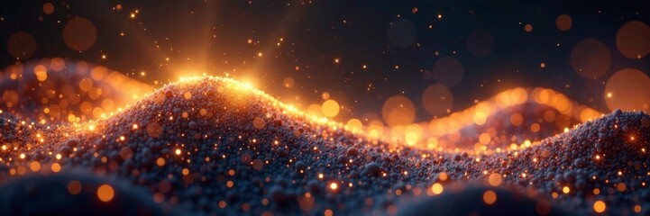 Digital gold particles wave and light abstract background with shining dots stars , shimmering, aurora borealis