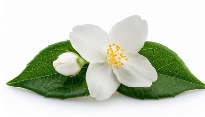 Obraz premium white jasmine flowers with green leaf isolated on white background clipping path included