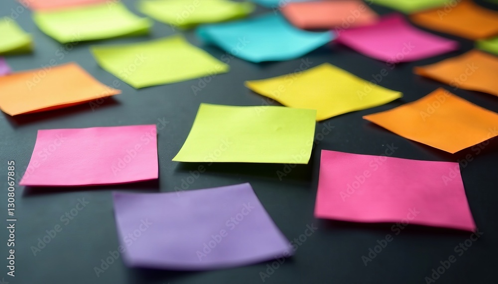 Wall mural close up of colorful array of sticky notes on dark surface, organization, message