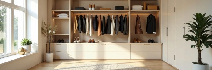 Minimalist wardrobe organized in a spacious room , dresser, clothes