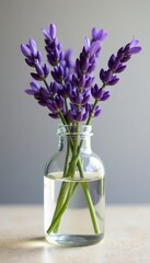 Close-up of clear bottle holding delicate dried lavender blossoms, bottle, clear
