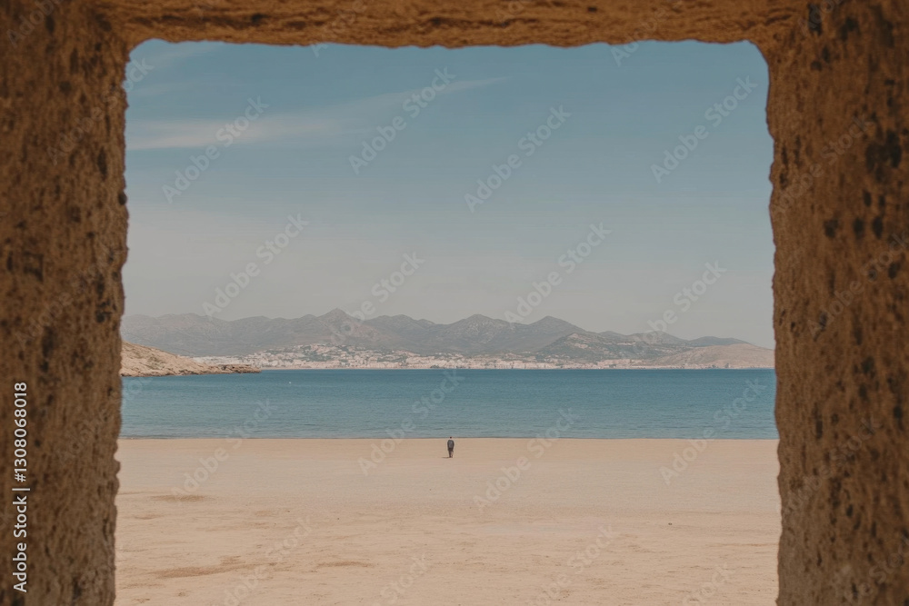 Poster a person is standing on a beach with a view of the ocean