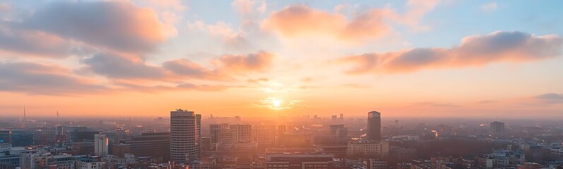 Fototapeta premium City skyline at sunset, with colorful clouds and buildings silhouetted against the horizon.