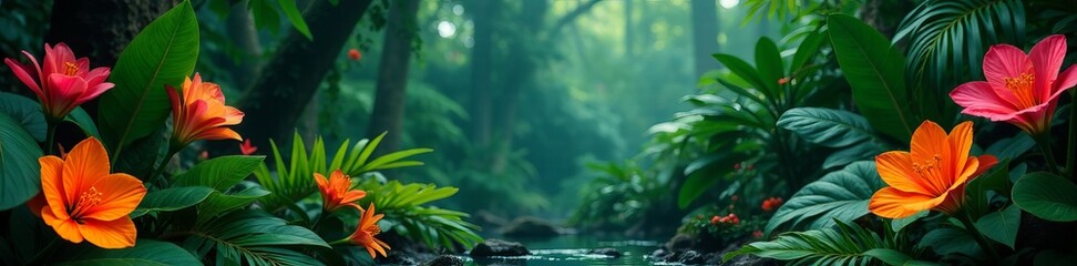 Fototapeta premium Close-up of colorful exotic flowers and plants in tropical rainforest, botanical, vibrant