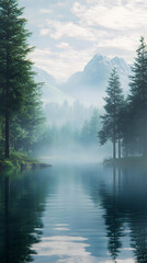 Serenity at Sunrise: A Misty Lake Reflecting Tranquil Mountains and Lush Greenery in Perfect Harmony